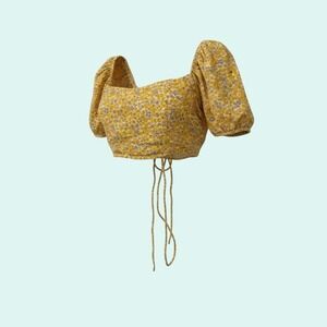 Motel Rocks Yellow Ditsy Floral Square Neck Tie Back Cropped Top Size M